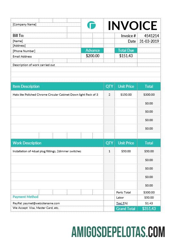 em branco Modelo de fatura de empreiteiro elétrico